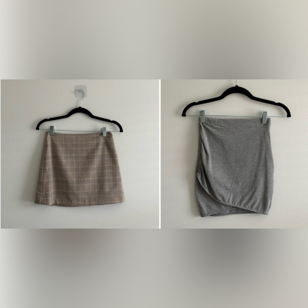 2 set h&m women’s mini skirts , beige checkered skirt, and plain grey